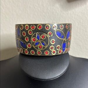 Indian Lapis Coral Pattern Vintage Gold Tone Chunky Bangle Bracelet Tribal​​